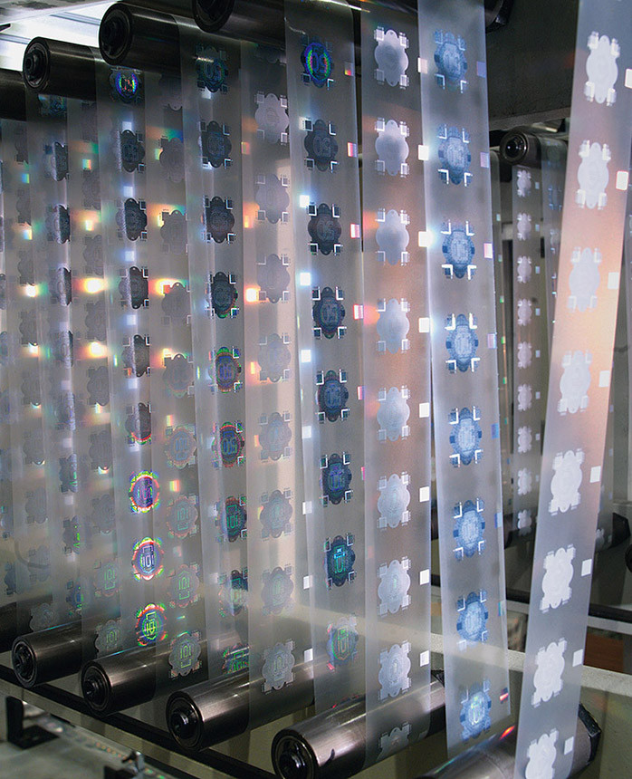 December 2001: Hologram foil patches, one of the security features incorporated into the euro banknotes, at the Banque de France in Chamalieres.