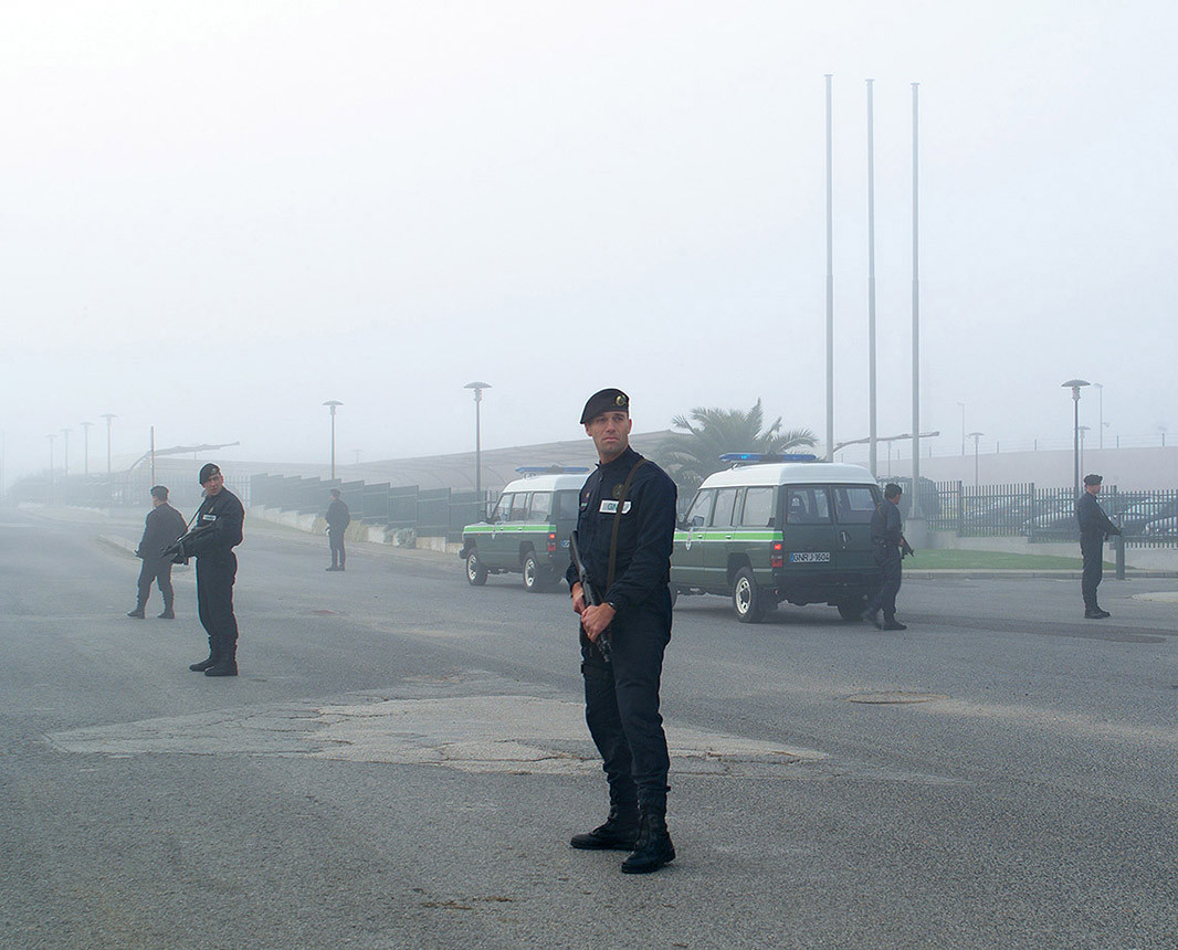 November 2001: Guards securing the street for a cash trsnsport from Valora, the banknote printing works in Portugal.